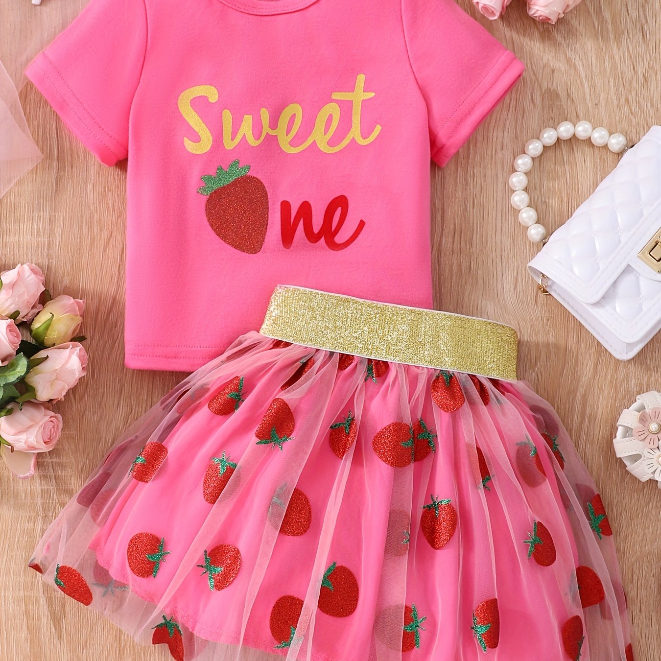 Girls' Strawberry Mesh Skirt Set – Short Sleeve Summer Outfit