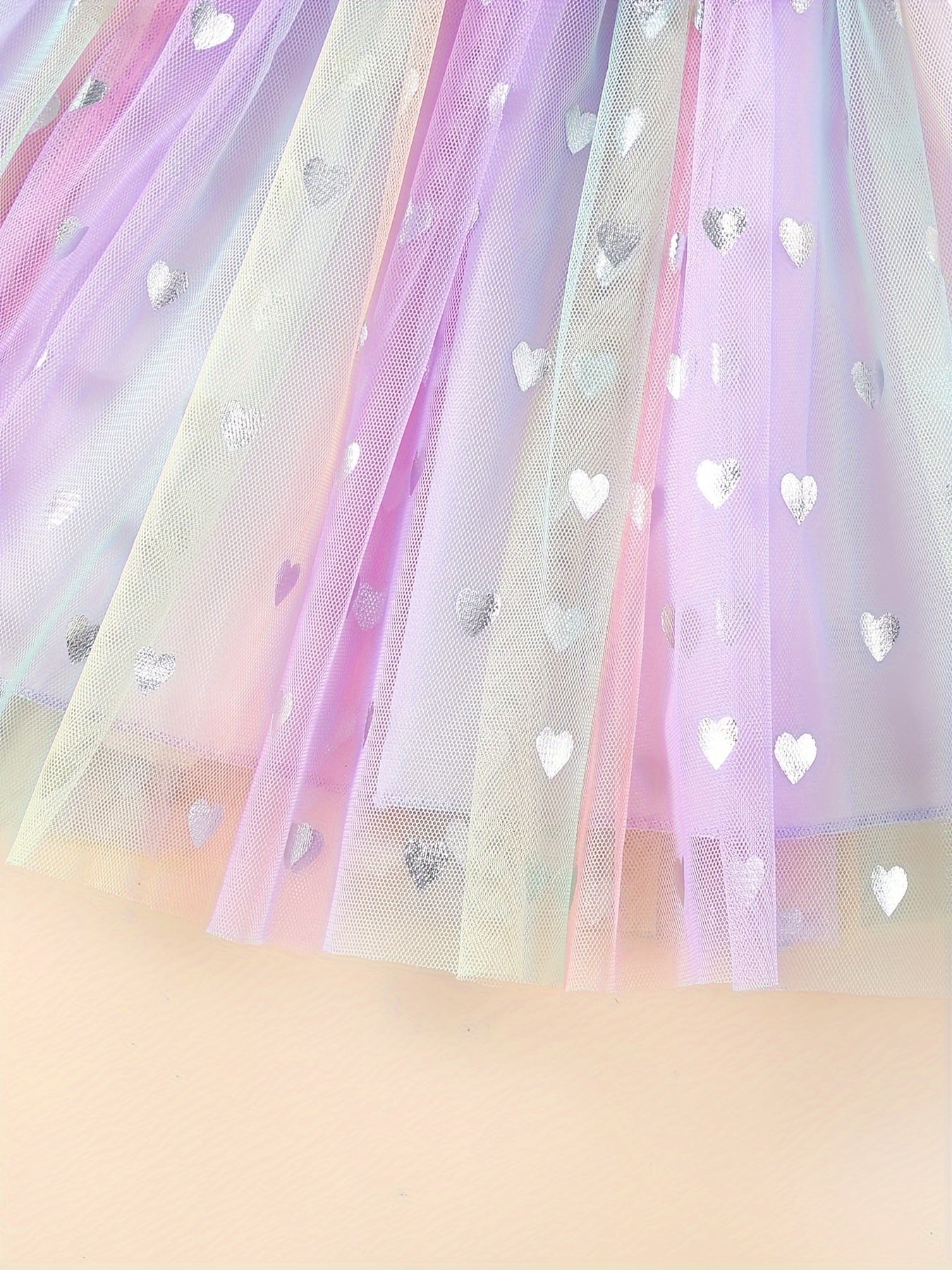 Girls' Rainbow Sequin Heart Mesh Skirt – Pastel Tulle with Elastic Waist