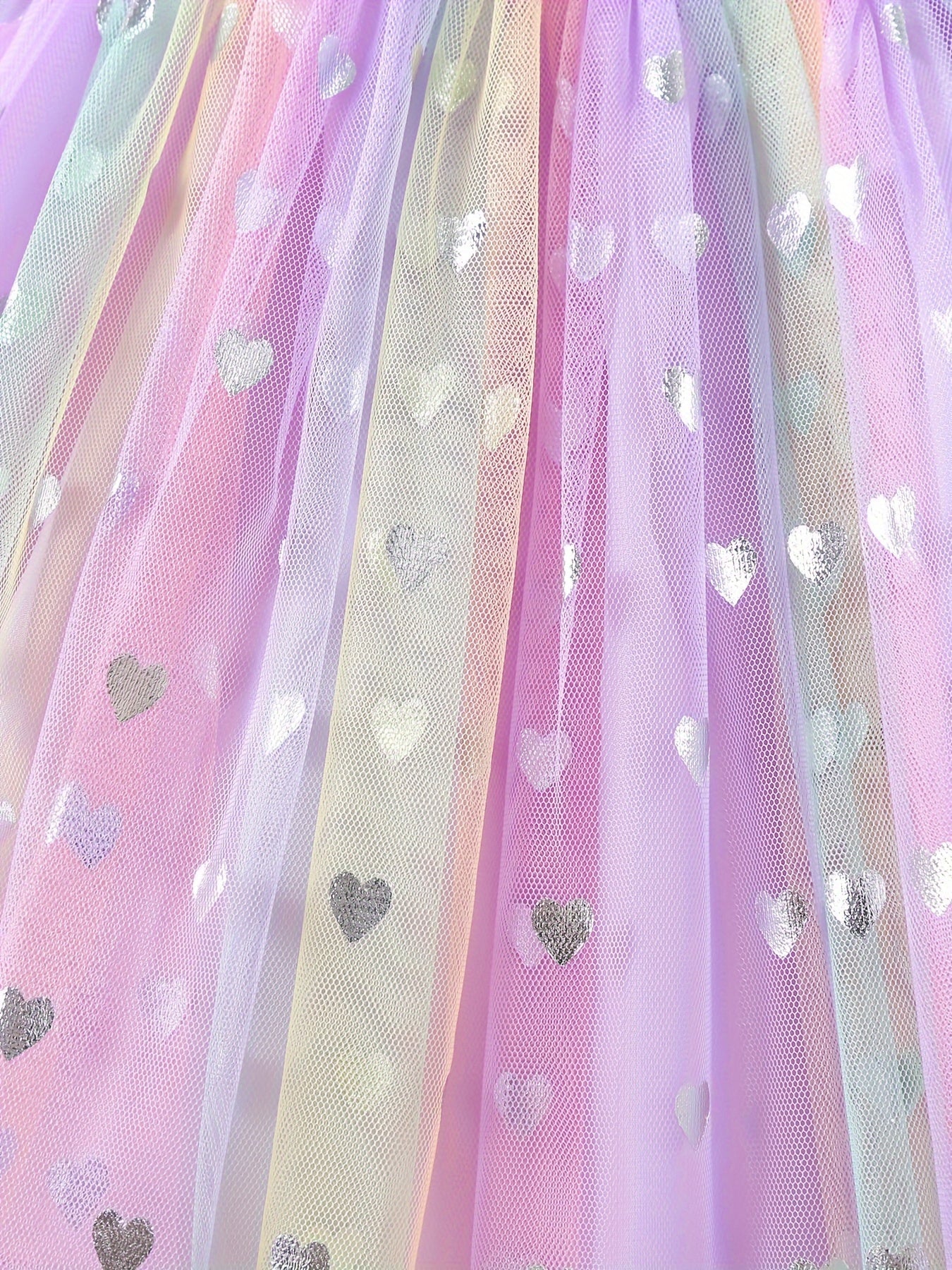 Girls' Rainbow Sequin Heart Mesh Skirt – Pastel Tulle with Elastic Waist