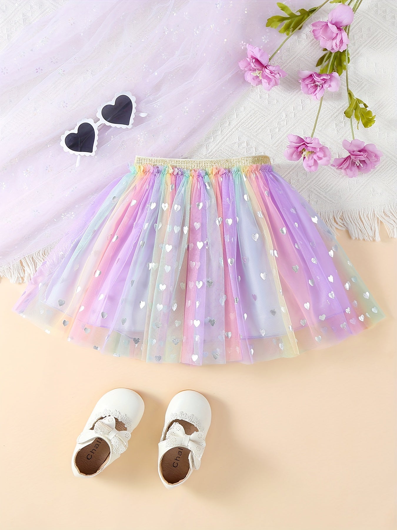 Girls' Rainbow Sequin Heart Mesh Skirt – Pastel Tulle with Elastic Waist