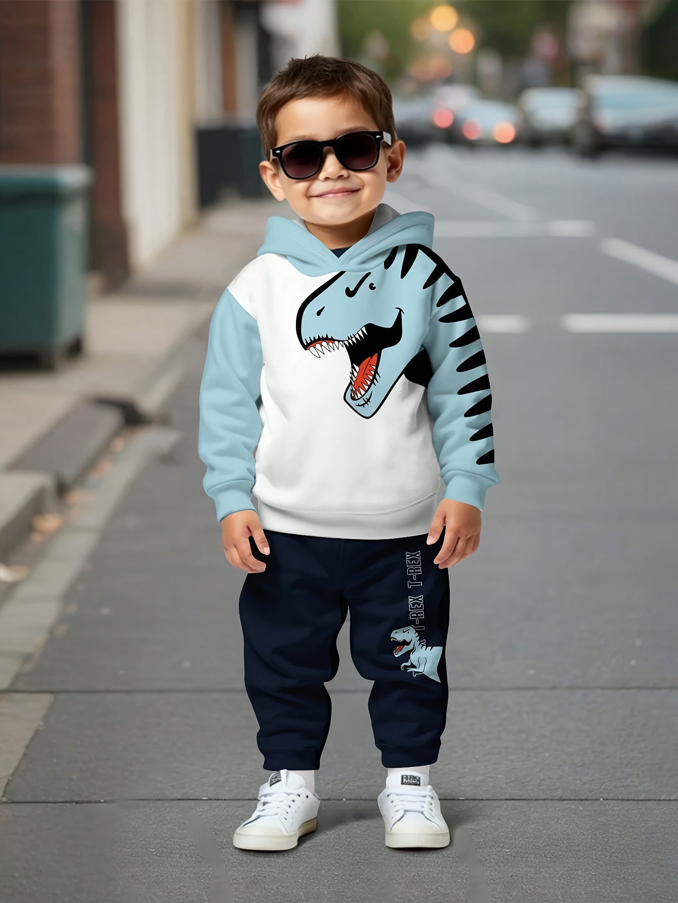 2PCs Dinosaur Printed Hoodie and Pants Set