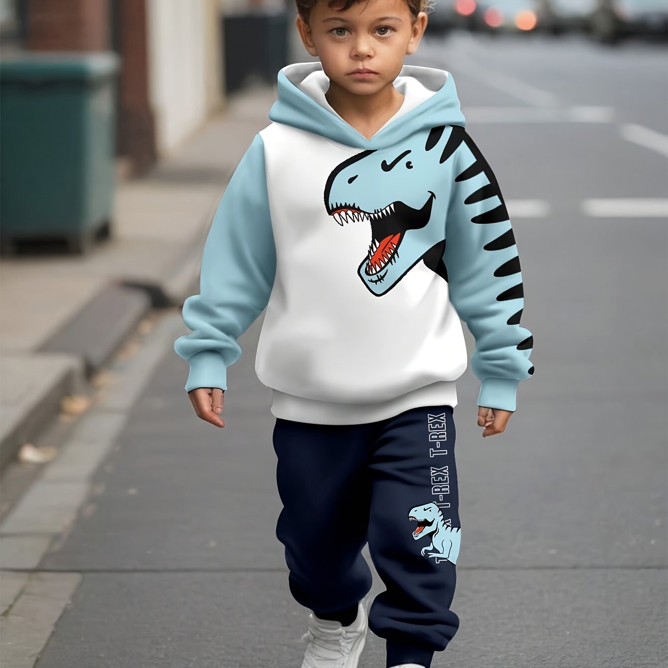 2PCs Dinosaur Printed Hoodie and Pants Set