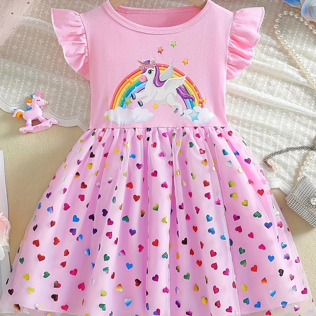 Unicorn Print Ruffle Trim Dress