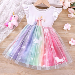 Toddler Girls' Unicorn Ruffled Mesh Dress – Sleeveless Summer Outfit