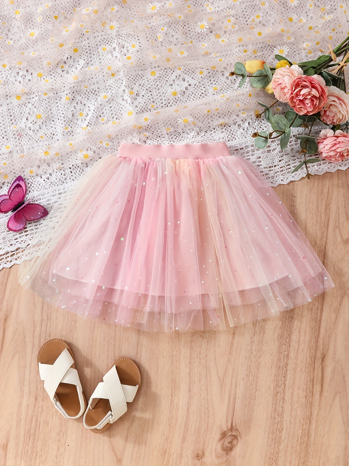 Girls' Gradient Sequin Tulle Skirt – Puffy Pleated Party Skirt