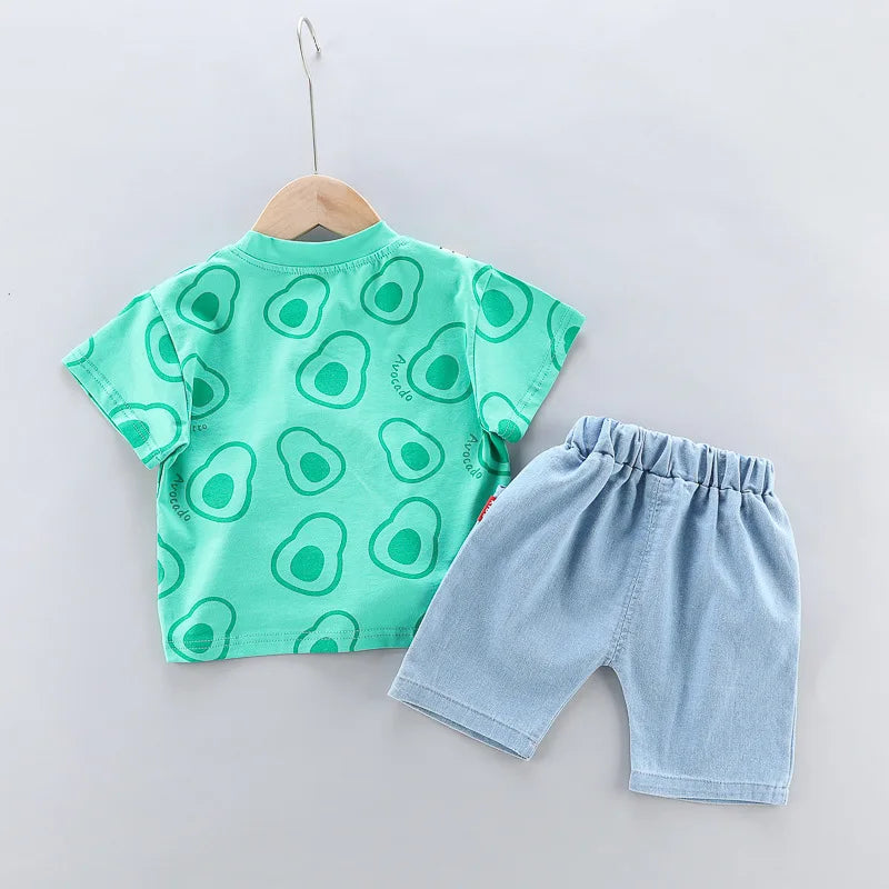 2PCs Printed T-Shirt with Cartoon Bag & Denim Shorts Set