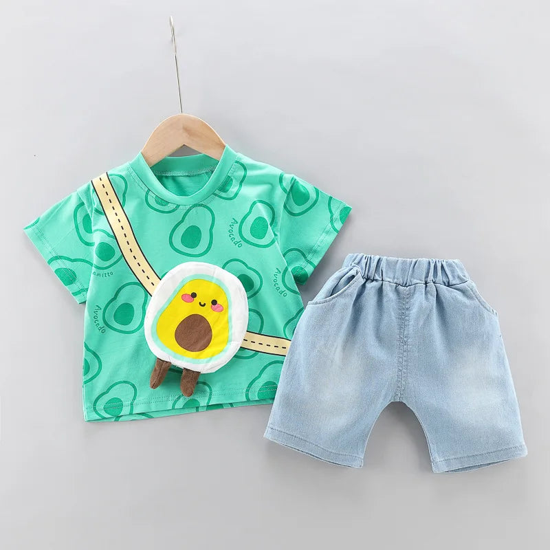 2PCs Printed T-Shirt with Cartoon Bag & Denim Shorts Set