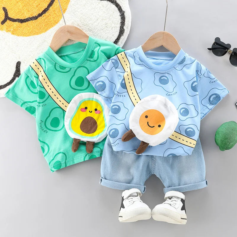 2PCs Printed T-Shirt with Cartoon Bag & Denim Shorts Set
