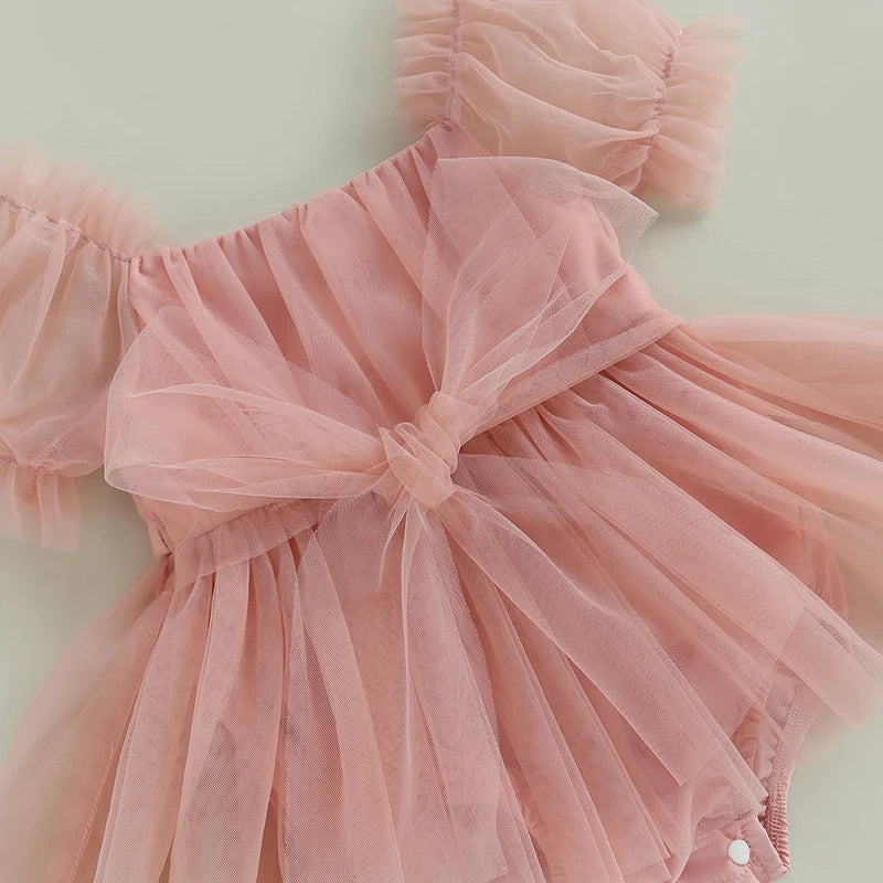 2PCs Tulle Puff Sleeve Romper & Headband Set