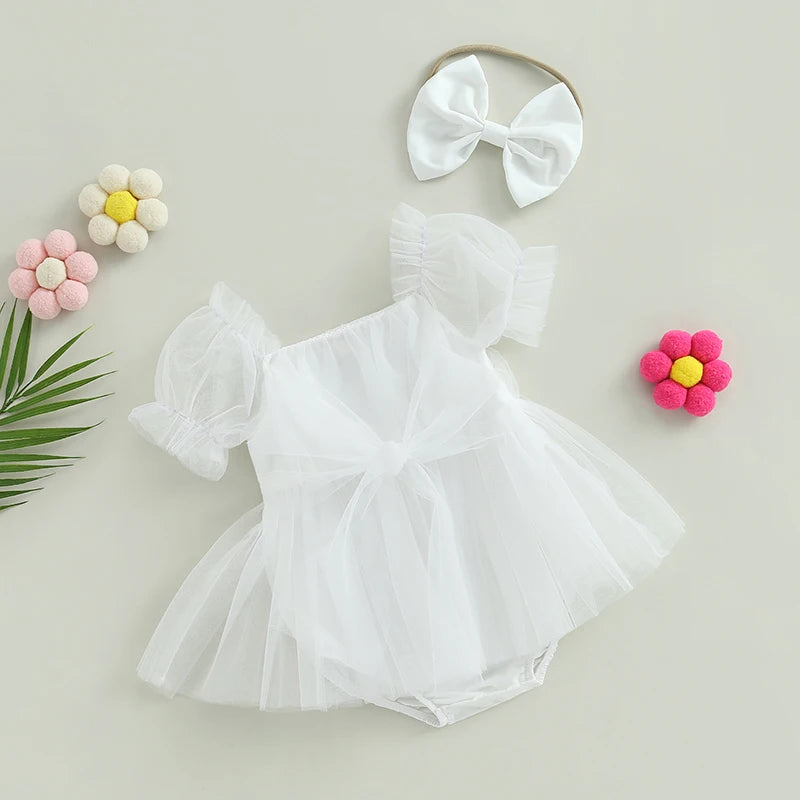 2PCs Tulle Puff Sleeve Romper & Headband Set