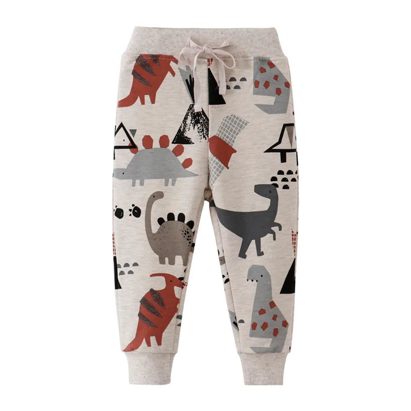 Printed Dino Drawstring Trousers Casual Pants