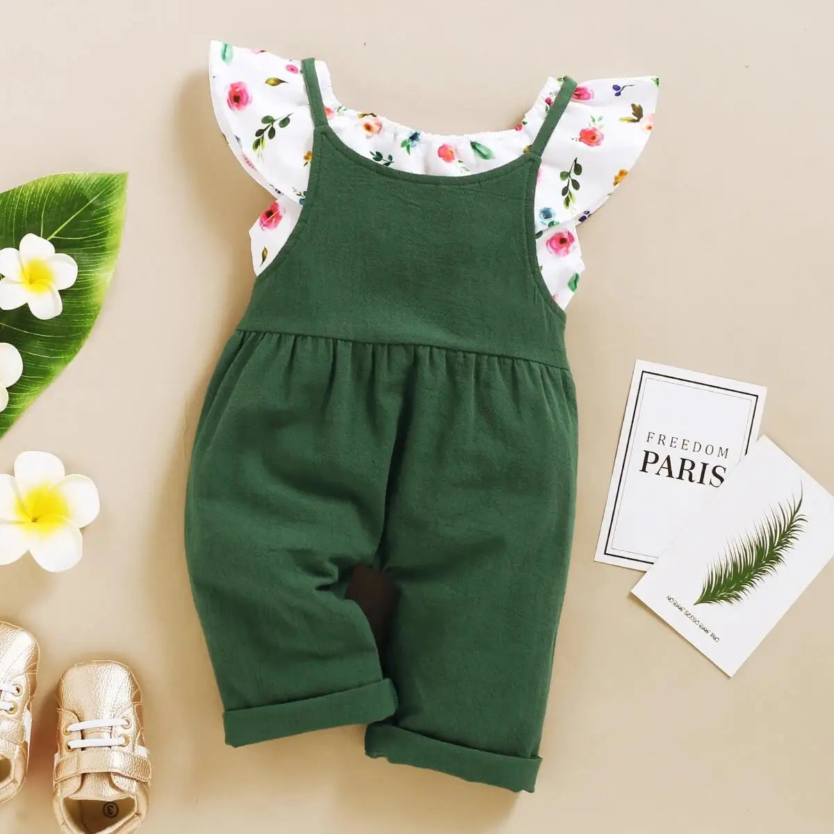Floral Printed Short Top with Suspender Pants