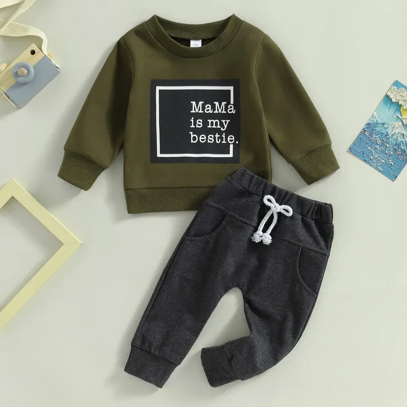 2PCs Long Sleeve Letter Pullover Tops and Pocket Pants