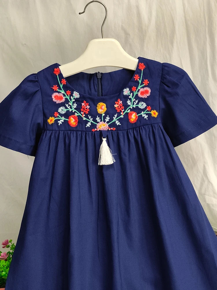 Girls Flowers Embroidered Cotton Dress