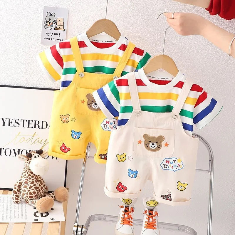 2pcs Striped T-shirt with Overalls Tracksuit Set