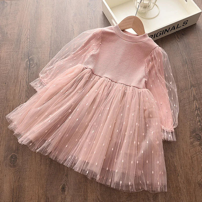 Baby Girl Long Puff Sleeve Mesh Cotton Dress