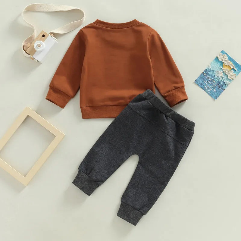 2PCs Long Sleeve Letter Pullover Tops and Pocket Pants