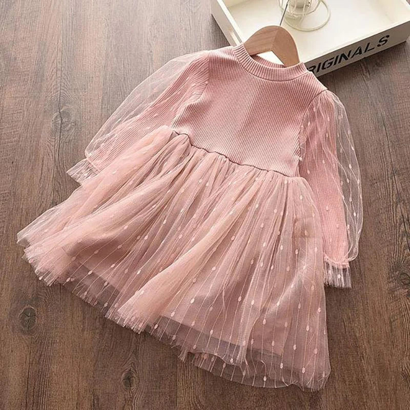 Baby Girl Long Puff Sleeve Mesh Cotton Dress