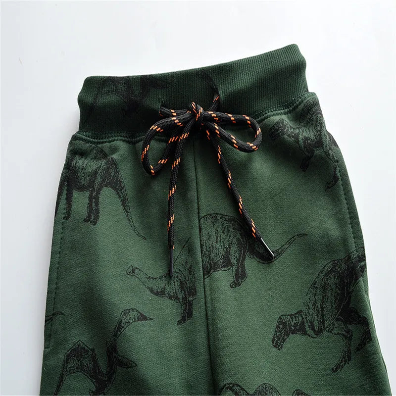 Printed Dino Drawstring Trousers Casual Pants