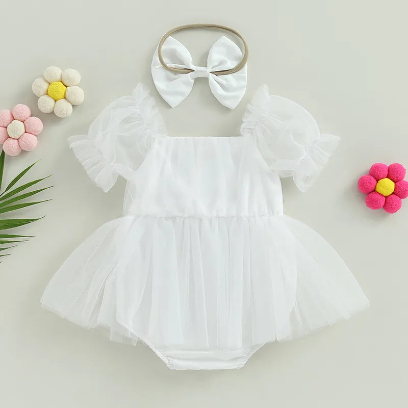2PCs Tulle Puff Sleeve Romper & Headband Set