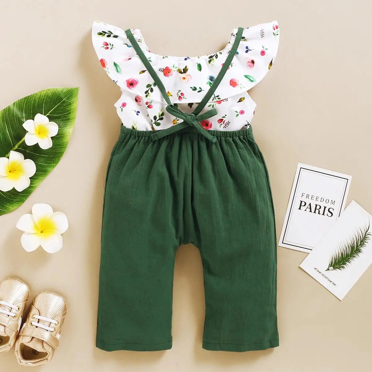 Floral Printed Short Top with Suspender Pants