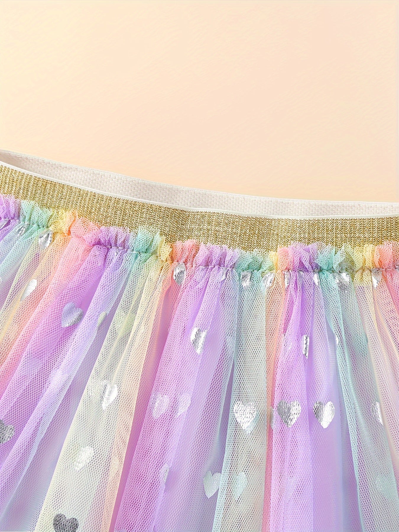 Girls' Rainbow Sequin Heart Mesh Skirt – Pastel Tulle with Elastic Waist