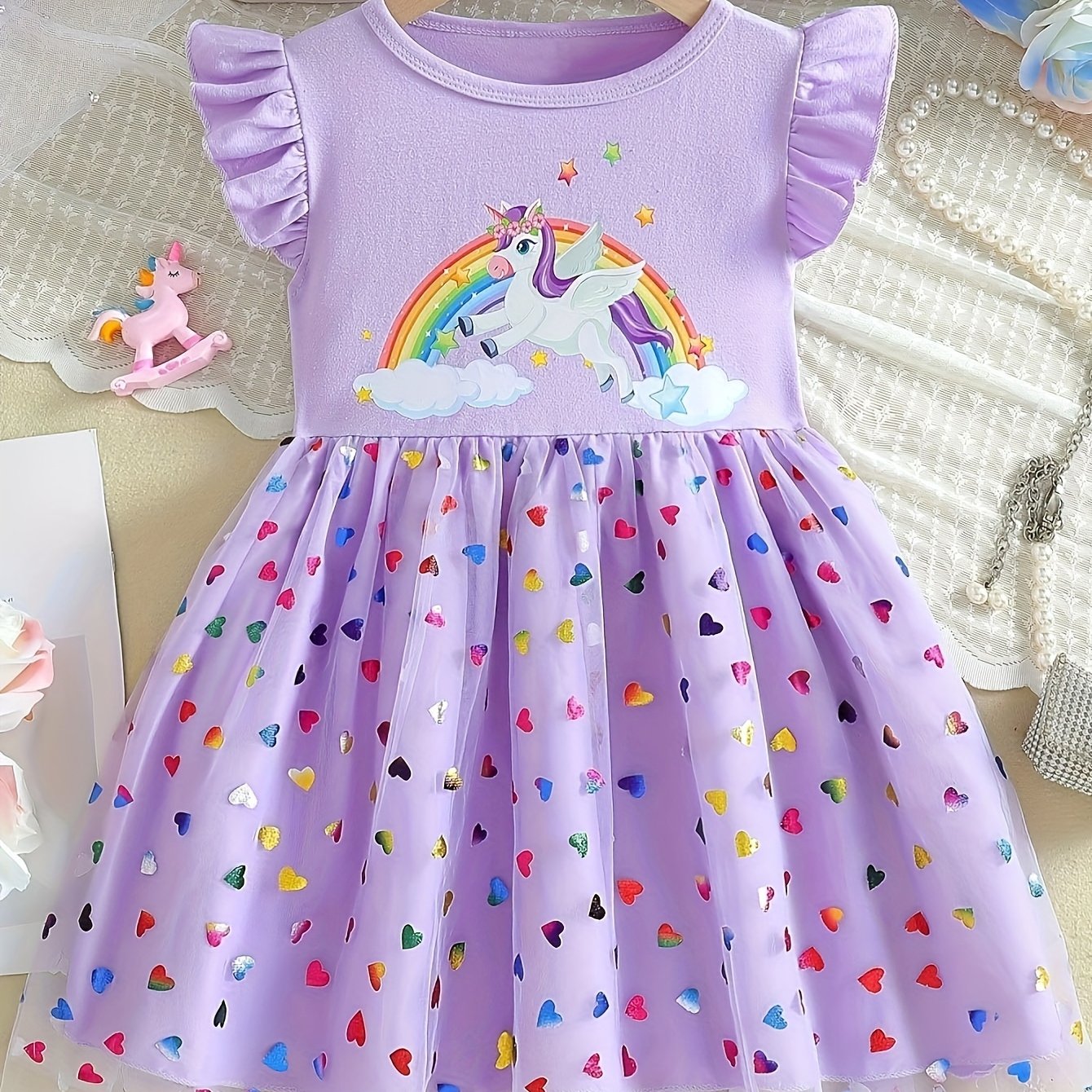 Unicorn Print Ruffle Trim Dress