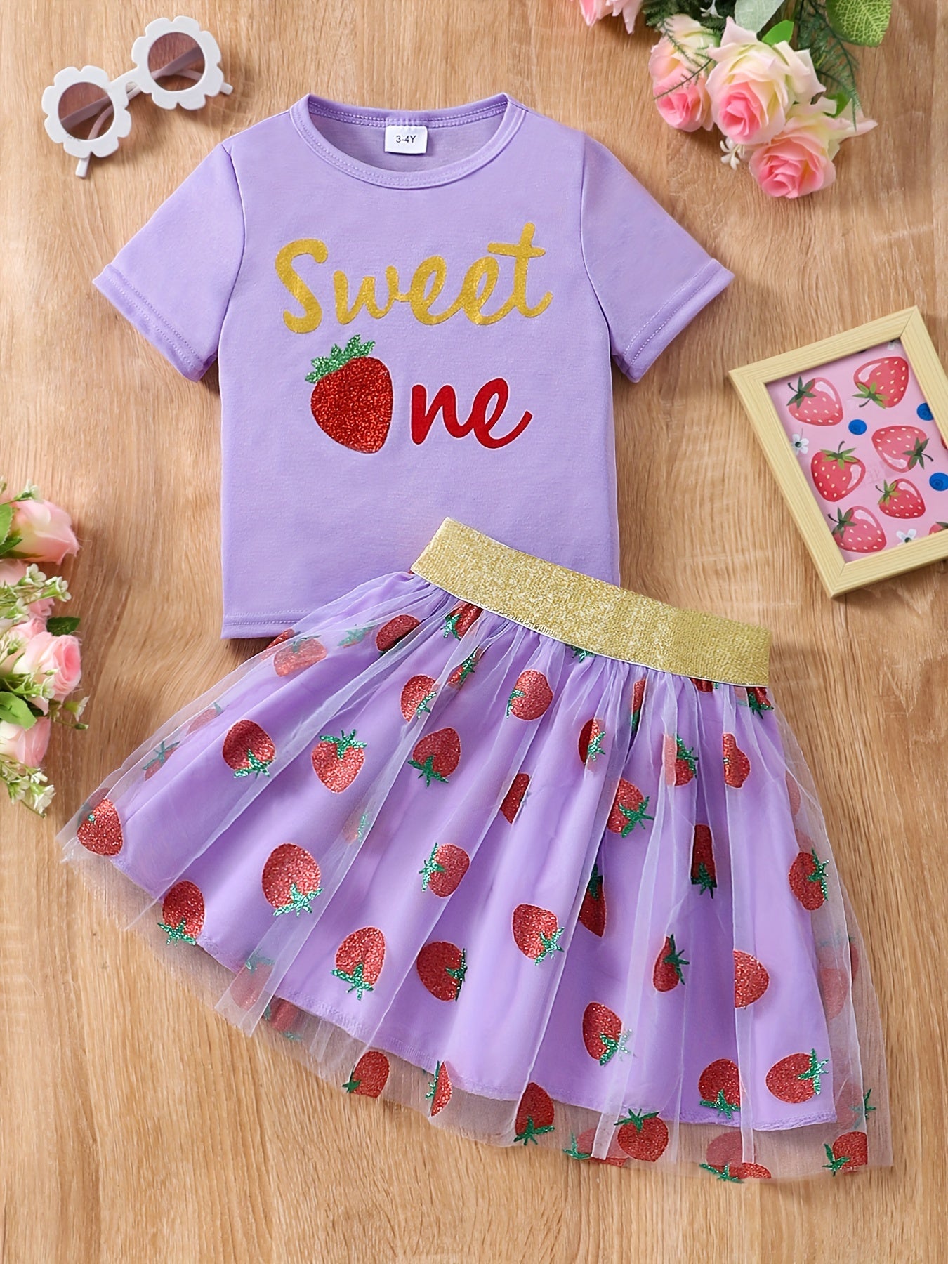 Girls' Strawberry Mesh Skirt Set – Short Sleeve Summer Outfit