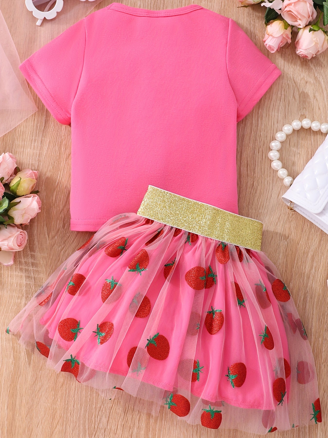 Girls' Strawberry Mesh Skirt Set – Short Sleeve Summer Outfit